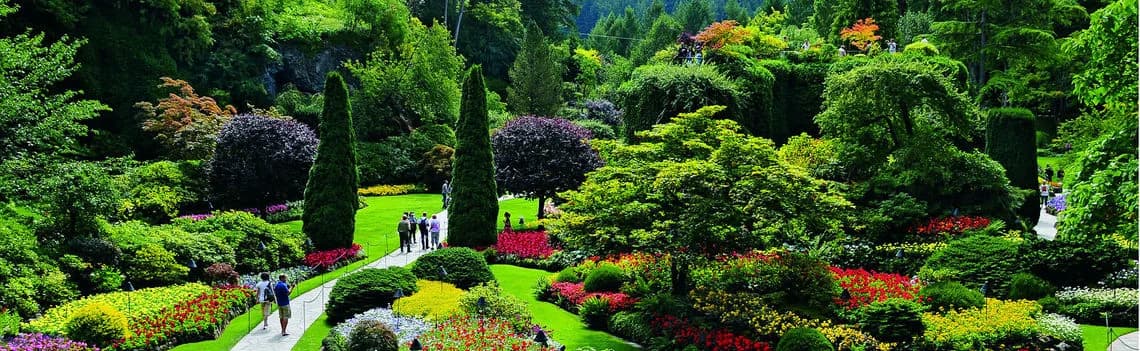 Green pathways and flowering gardens at Butchart Gardens on the Saanich Peninsula